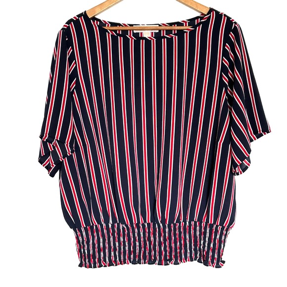 MICHAEL KORS Shirt Women's 1X Navy Red White Striped Smocked Waist Short Sleeve - Picture 1 of 9